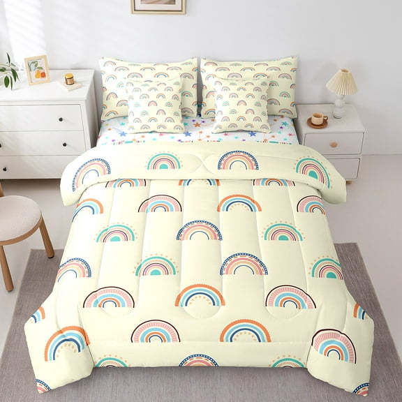 Erosebridal Rainbow Bed in a Bag Twin size for Teens, Cartoon Theme Bedding Twin Size, Yellow Reversible Comforter Sets with Sheets, Microfiber Bedroom Decoration, 7-Piece