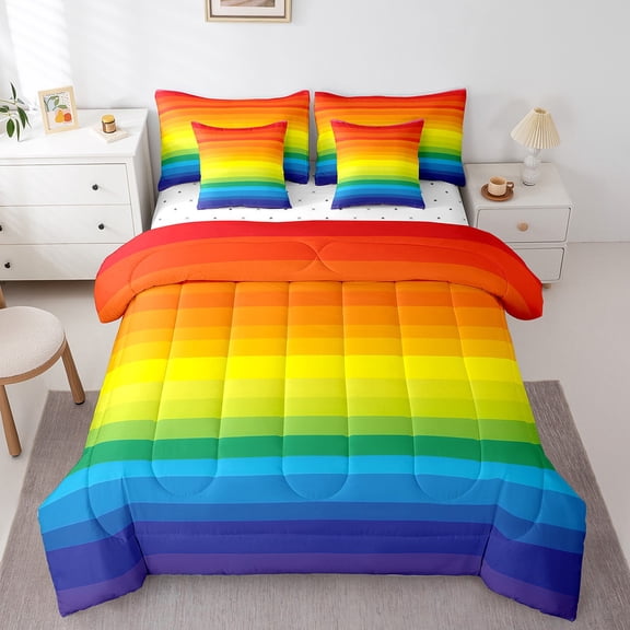 Erosebridal Rainbow Bedding King Size, LGBT Love Pride Comforter Sets with Sheets, Colorful Stripe Duvet Set, Lightweight Room Decor, Reversible 7-Piece