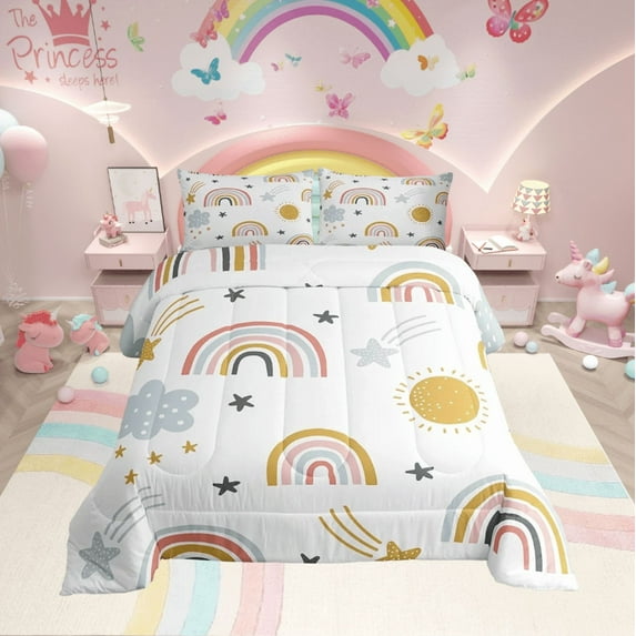 Erosebridal Rainbow Bedding Set, Sun and Stars Comforter Set Full Size Cartoon Style Cloud Bedding Comforters Girly Soft Microfiber Duvet Insert for Bedroom Decor