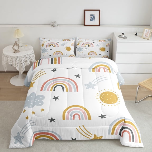Erosebridal Rainbow Bedding Set, Sun and Stars Comforter Set King Size Cartoon Style Cloud Bedding Comforters Girly Soft Microfiber Duvet Insert for Bedroom Decor