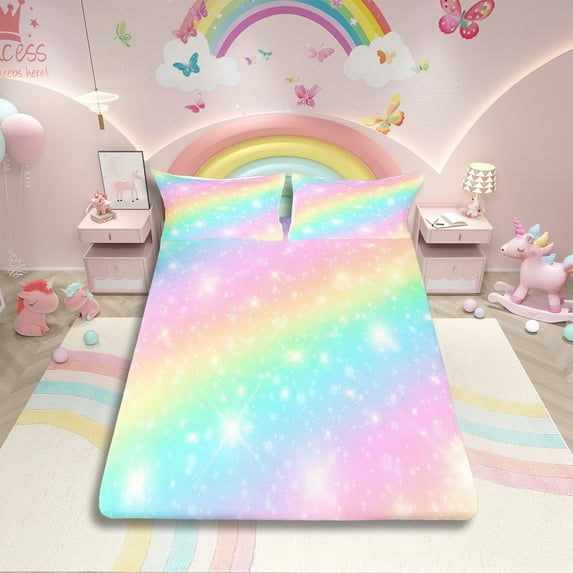 Erosebridal Rainbow Bedding Sets Teens Tie Dye Pastel Bed Sheet Set Twin Size Golden Glitter Girly Sweet Sheet Set Abstract Watercolor Art Fitted Sheet + Flat Sheet + 1 Pillow Case