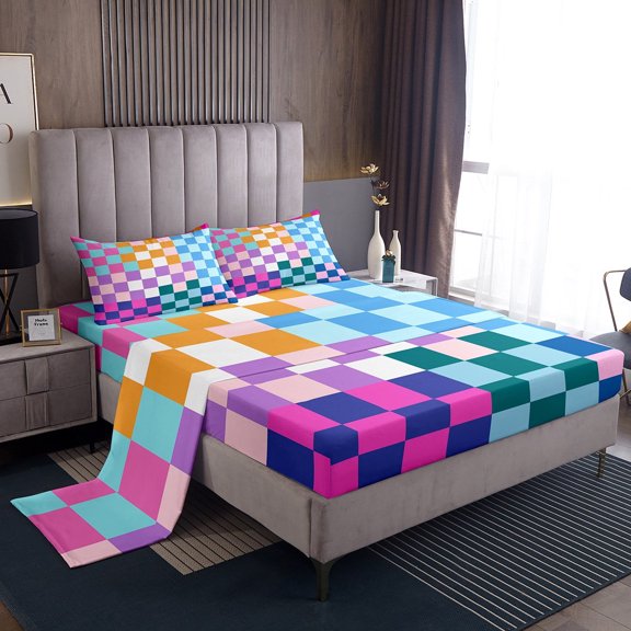 Erosebridal Rainbow Buffalo Grid Bed Sheets Set Twin Size, Dreamy Colorful Checkered Plaid Bedding Sets Twin Size 3-Piece