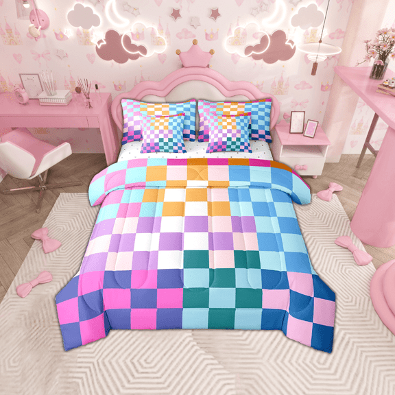 Erosebridal Rainbow Buffalo Grid Bedding Sets Twin Size, Dreamy Colorful Checkered Plaid Comforter Sets with Sheets, Reversible 7-Piece