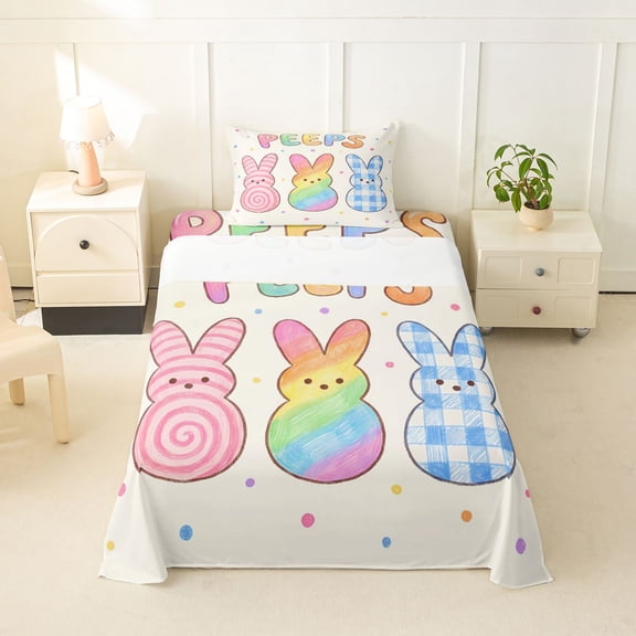 Erosebridal Rainbow Cartoon Rabbit Girls Twin Sheet Sets,Happy Easter Theme Colorful Polka Dots Kids Bedding 3-Piece