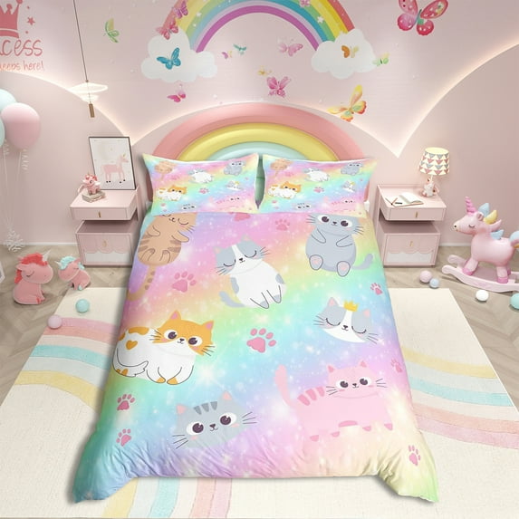 Erosebridal Rainbow Cat Twin Bedding Sets,Cute Cats Comforter Cover Teen Women Pastel Gradient Glitter Stars Cat Duvet Cover Cartoon Animal Kitten Paw Bed Set 1 Pillow Case Colorful