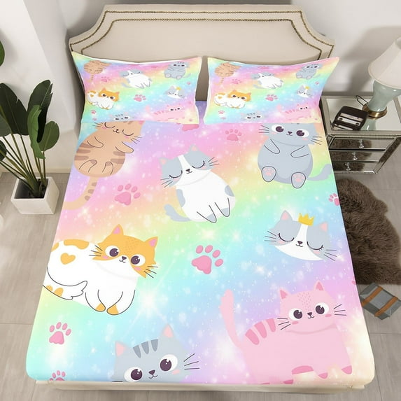 Erosebridal Rainbow Cat Twin Sheets , Cute Cats Fitted Sheets Teen Women Pastel Gradient Glitter Stars Cat Beding Sheets Cartoon Animal Kitten Paw Bed Cover 1 Pillow Case Colorful