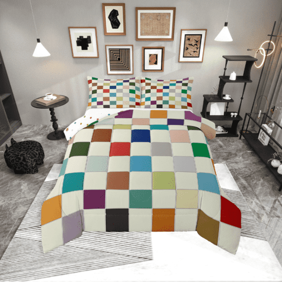 Erosebridal Rainbow Checkered Comforter Set Twin Colorful Plaid Grids Bedding Set Funky Checkerboard Quilt Set Geometric Gingham Duvet Set Modern Aesthetic Room Decor