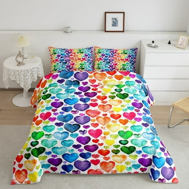 Erosebridal Rainbow Comforter Set Queen Watercolor Tie Dye Bedding Set, Cute Love Heart Down Comforter Kawaii Hearts Printed Bedding Comforter Sets, Colorful Hand Drawn Duvet Insert Breathable