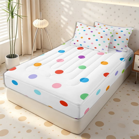 Erosebridal Rainbow Confetti Dot Zipper Queen Comforter Set with Fitted Sheet and 2 Pillowcases,Multi Shade Round Scatter Print Zipper Bedding Set,White Primary,4 Pieces,Reversible