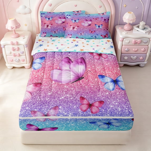 Erosebridal Rainbow Cute Butterfly Zipper Twin Comforter Sets with Fitted Sheet and 2 Pillowcases,Sparkle Print Ombre Zipper Bedding Set For Girls,Colorful Stars Reversible,4pcs