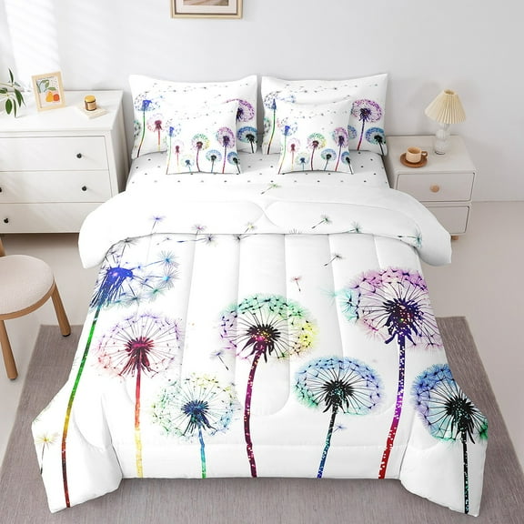 Erosebridal Rainbow Dandelion Bed in a Bag Twin Size, Spring Flower Bed Set, Colorful Floral Bed Sheets Setp with Comforter, Breathable Room Decoration, Reversible 7 Pieces