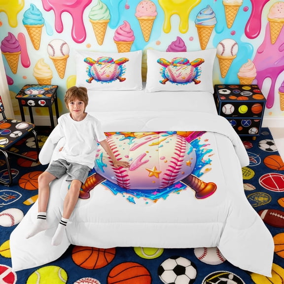 Erosebridal Rainbow Drippy Baseball & Bat Print Queen Comforter Set, Colorful Sports Bedding Comforter Set for Kids Boys and Girls, Polka Dots Reversible 3pcs, 1 Comforter and 2 Pillowcases