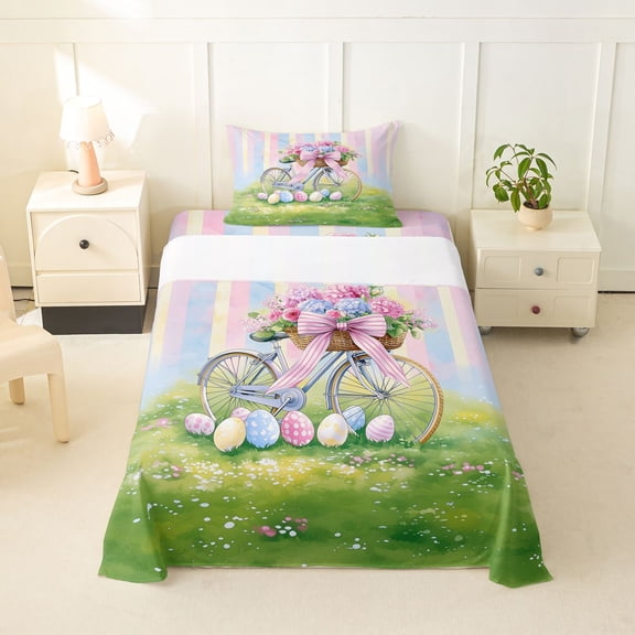 Erosebridal Rainbow Easter Eggs Twin Sheet Sets,Pink Ribbon Bows Blossom Hydrangea Bedding For Girl Kids 3pcs