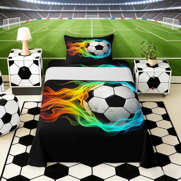 Erosebridal Rainbow Fire Soccer Ball Twin Sheet Sets, Sport Bedding for Boys and Girls, 3 Pieces, 1 Flat Sheet, 1 Fitted Sheet and 1 Pillowcase