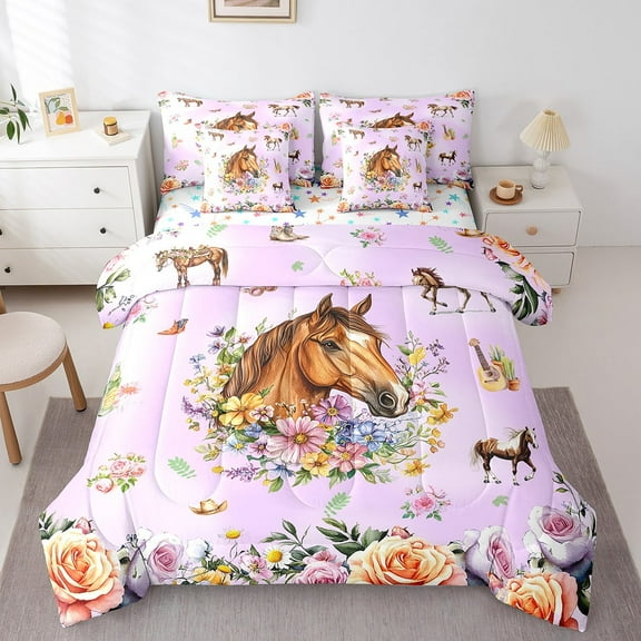 Erosebridal Rainbow Floral Bed in a Bag Twin Size,Farm Horse Bed Set,Western Cowgirl Bedding Twin Size,Microfiber Bedroom Decor Reversible,7 Pieces