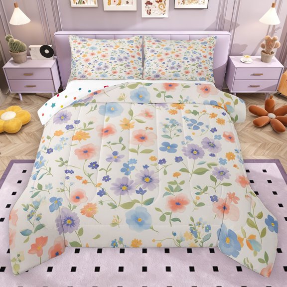 Erosebridal Rainbow Floral Queen Comforter Set for Girls, Colorful Flower Bedding Comforter Set, Polka Dots Reversible, 3pcs