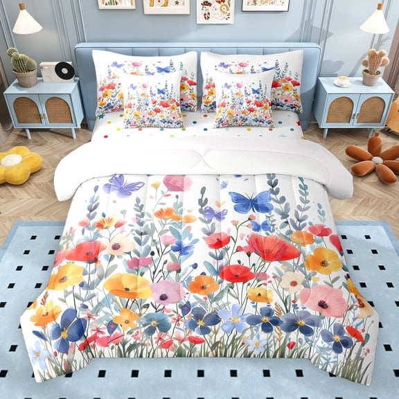 Erosebridal Rainbow Flower Twin Bedding Sets for Kids Girls, Butterfly Floral Bedding Comforter Set, Polka Dots Reversible, 7pcs