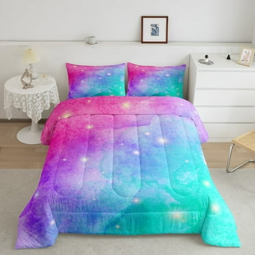 Erosebridal Rainbow Galaxy Comforter Set Queen Pink Purple Blue Teal Bedding Set, Psychedelic Stars Down Comforter Colorful Tie Dye Bed Set, Grunge Ombre Gradient Quilted Duvet Girly Room Decor 3pcs