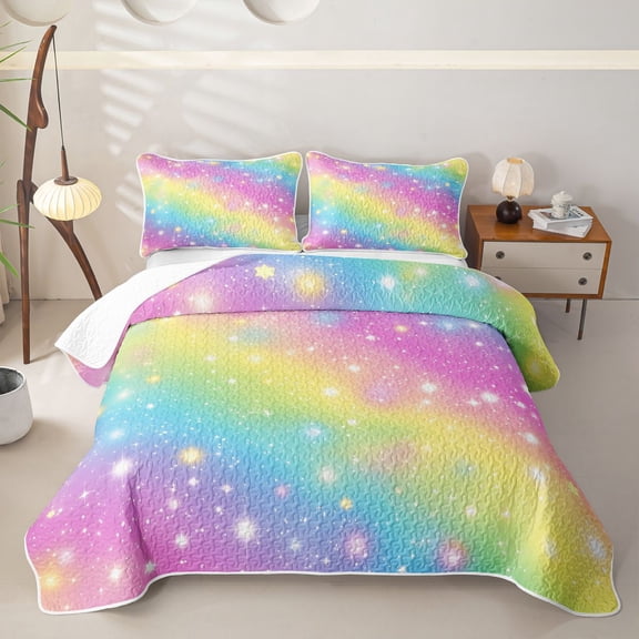 Erosebridal Rainbow Galaxy Quilt Full for Girls, Sparkling Star Print Full Bedspread Sets, Pink Yellow, 3 Pieces