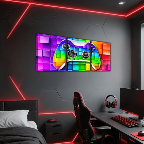 Erosebridal Rainbow Geometric Buffalo Canvas Wall Art Set of 3, Gamer Gaming Game Gamepad Wall Decor for Kitchen