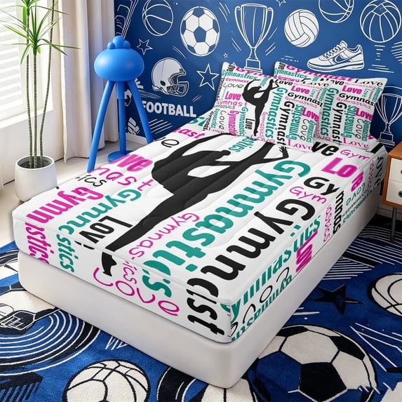 Erosebridal Rainbow Gymnast Print Zipper Twin Comforter Sets with Fitted Sheet and 2 Pillowcases,Multicolor Gym Word Star White Base Accent Zipper Bedding Set,Teal Magenta,4-Piece,Reversible