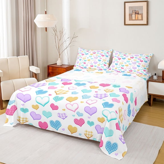 Erosebridal Rainbow Hearts Full Size Sheets, Love Theme Bed Sheets, 1 Flat Sheet, 1 Fitted Sheet and 2 Pillowcases
