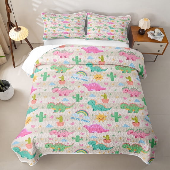 Erosebridal Rainbow Kawaii Dinosaur Quilt King,Cartoon Cactus Cute Dino King Coverlet Set For Teens,3 Pieces