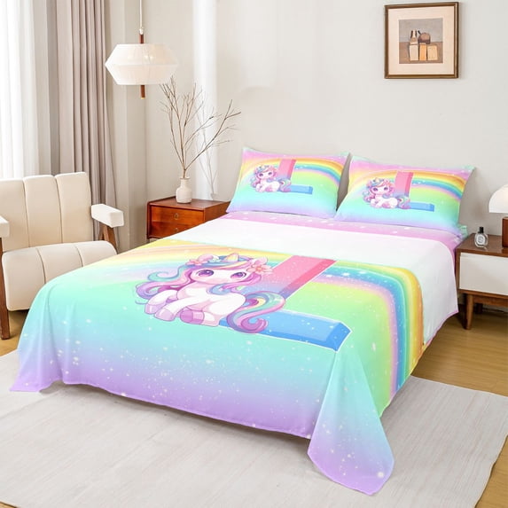 Erosebridal Rainbow Kids Pink Unicorn Queen Sheet Sets,Colorful Ombre L Alphabet Bed Set For Girls Teens 4pcs