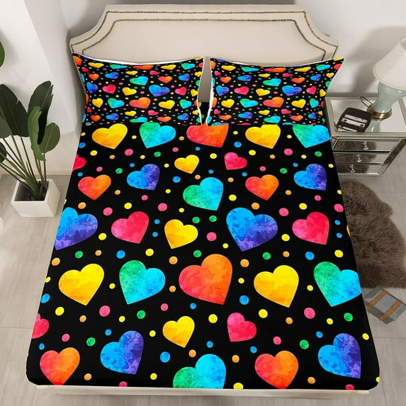Erosebridal Rainbow Love Heart Bed Sheets Colorful Tie Dye Fitted Sheet Twin Size, Cute Polka Dots Sheets Watercolor Ombre Bedding, Black Blue Pink Bed Cover 2pcs (Deep Pocket)