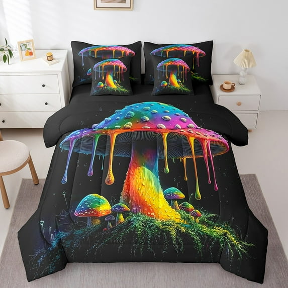 Erosebridal Rainbow Mushroom Bedding Sets Full Size, Cute Botanical Comforter Sets with Sheets, Woodland Bedroom Decor, Reversible