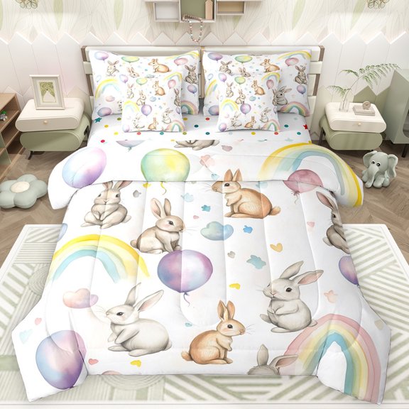 Erosebridal Rainbow Rabbit Bedding Comforter Set for Kids, Love Heart Butterfly Queen Bedding Sets, Polka Dots Reversible, 7pcs