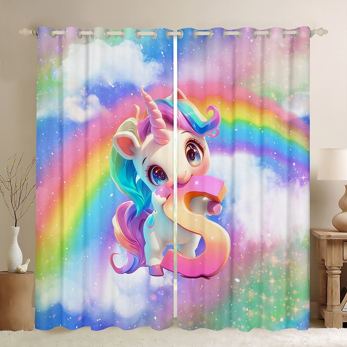 Erosebridal Rainbow S Curtains for Living Room, Initial Letter 30%-50% Blackout Curtains Set of 2 (42x63), Cute Unicorn Curtains and Drapes (42x63), Window Drapes Bedroom Decorative