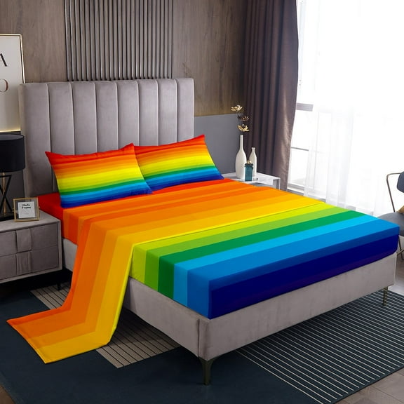 Erosebridal Rainbow Sheet Set Queen, LGBT Love Pride Bedding Sets Queen Size, Colorful Stripe Flat Sheet, Lightweight Room Decor, 4-Piece