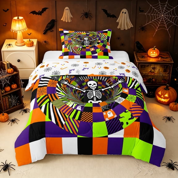 Erosebridal Rainbow Skeleton Twin Comforter Sets, Retro Buffalo Bedding Set, Purple Orange, Halloween Reversible, 2pcs, 1 Comforter and 1 Pillowcase