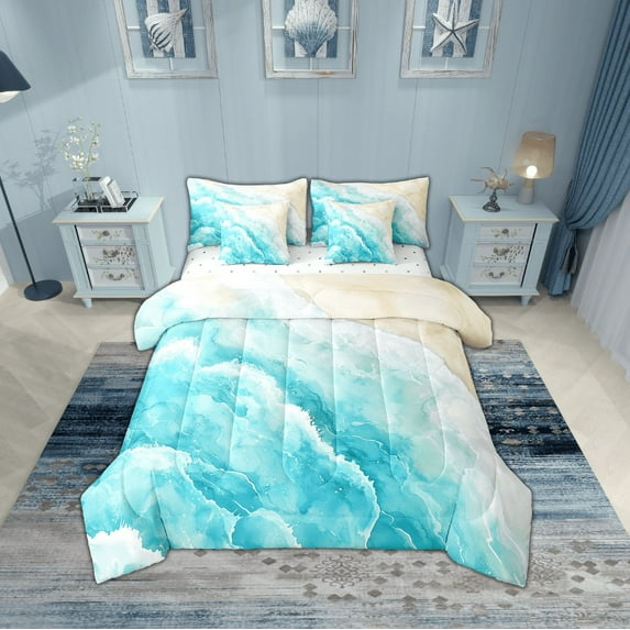 Erosebridal Ocean Beach Bed in a Bag Full size,Teal White Bed Set,Sea Waves Decor,Lightweight,7-Piece