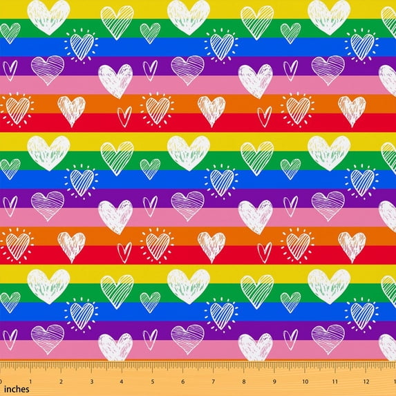 Erosebridal Rainbow Stripe Heart Fabric by the Yard 10 Yards, White Doodle Love Pattern Home Decor Fabric by the Yard