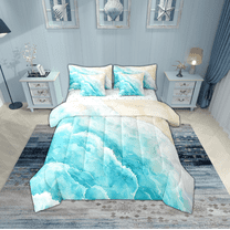 Erosebridal Ocean Beach Bedding Sets Twin Size,Teal White Comforter Sets with Sheets,Sea Waves Decor,Breathable,7pcs