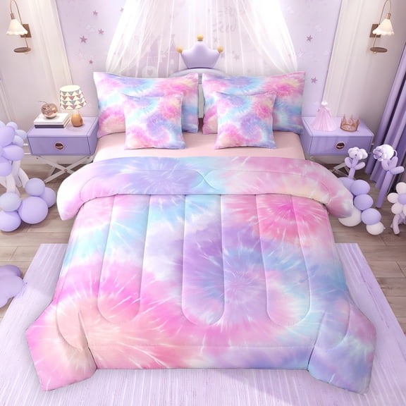 Erosebridal Rainbow Tie Dye Bedding Comforter Set for Girls, Purple Pink Queen Bedding Sets, Pink Reversible, 7 Pieces