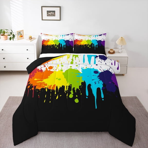 Erosebridal Rainbow Tie Dye Comforter Set Twin Size,Colorful Splash Paint Bedding Set Multicolor Grafitti Duvet Insert Luxury,Modern Abstract Art Decor for Home Dorm Room Black White,Microfiber Soft
