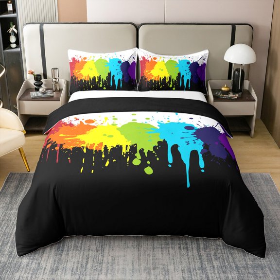 Erosebridal Rainbow Tie Dye Duvet Cover Full Size,Colorful Splash Paint Comforter Cover Multicolor Grafitti Bedding Set Luxury,Modern Abstract Art Decor for Home Dorm Room Black White,Microfiber Soft