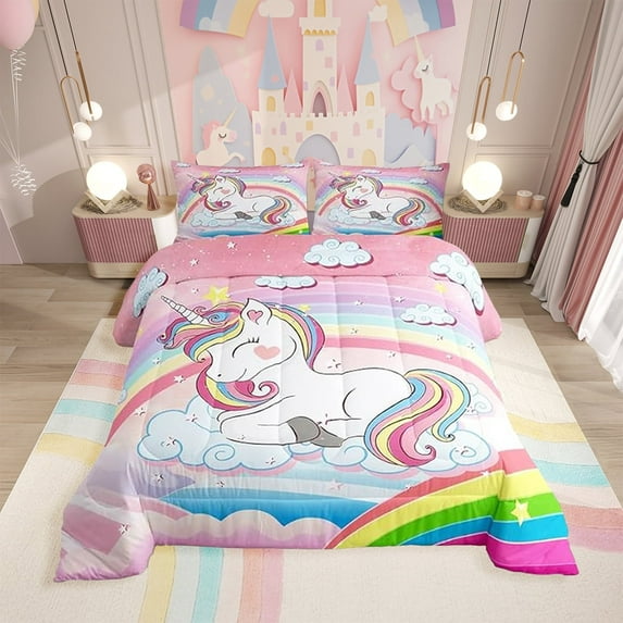 Erosebridal Rainbow Unicorn Comforter Set Cute Unicorn Pattern Comforter Cartoon Unicorn Bedding Set