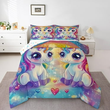Erosebridal Rainbow Unicorn Comforter Sets,Love Heart Comforters & Duvets,Microfiber Reversible Bedding Comforter Set,Princess Bedroom Decor