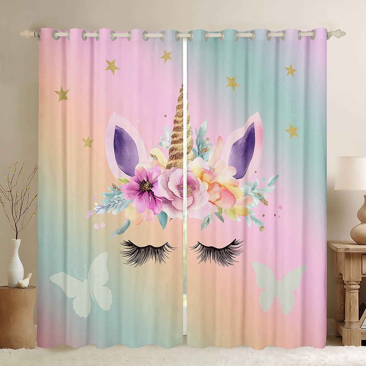 Erosebridal Rainbow Unicorn Window Curtains for Bedroom Living Room Cute Unicorn Curtains 30%-50% Blackout Pink Floral Window Drapes Butterfly Star Window Treatments 38W X 45L,2 Panels