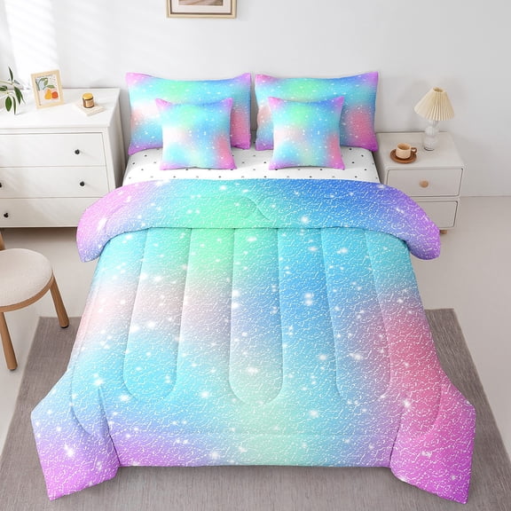 Erosebridal Rainbow Watercolor Bedding Sets Full Size, Glitter Stars Comforter Sets with Sheets, Cartoon Decor, Reversible 7pcs