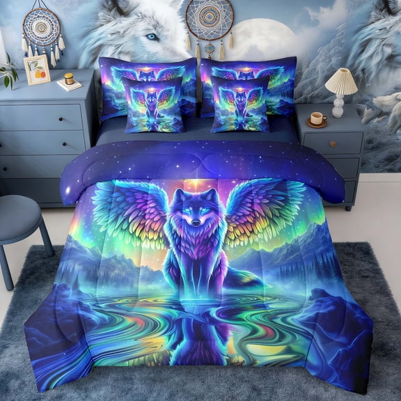 Erosebridal Rainbow Winged Wolf Aurora Print Twin Bedding Sets, Fantasy Wildlife Bedding Comforter Set for Men and Women, Navy Reversible 7 Pieces