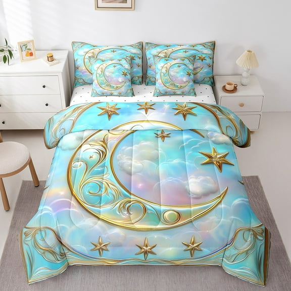 Erosebridal Ramadan Bedding Sets Full Size, 3D Gold Moon Comforter Sets with Sheets, Dreamy Cloud Decor, Reversible 7-Piece