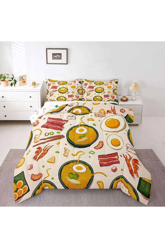 Ramen Noodle Queen Comforter Set,Japanese Food Bedding Set Ramen Gifts,Funny Food Quilt Bed Set Anime Style Bedding Comforter Sets with 2 Pillowcases