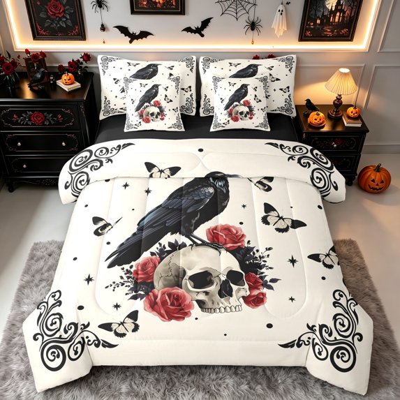 Erosebridal Raven Skull Queen Bedding, Romantic Rose Bedding Comforter Set Queen, White Beige, Black Reversible, 7pcs