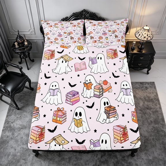 Erosebridal Reading Ghost Fitted Sheet Full 3 Pieces,Cozy Fall Bed Set,Blush,1 Fitted Sheet and 2 Pillowcases