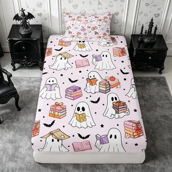 Erosebridal Reading Ghost Twin Fitted Sheet 2 Pieces,Cozy Fall Bedding,Blush,1 Fitted Sheet and 1 Pillowcase